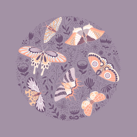 Round pattern of butterflies and flowers.Vector textureのイラスト素材