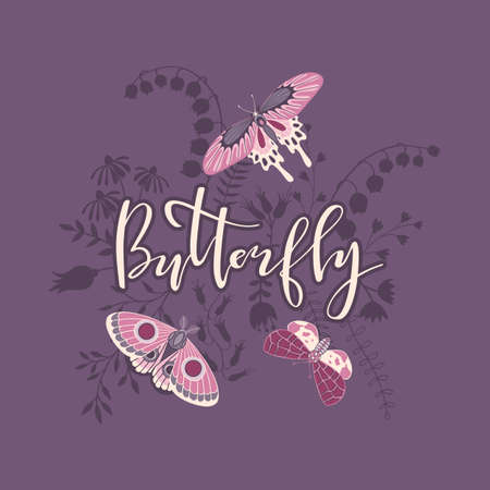 Decorative card with floral silhouettes and butterflies.Vector illustrationのイラスト素材