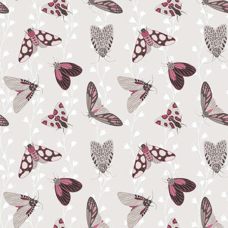 Seamless pattern with flowers and moths.Vector textureのイラスト素材