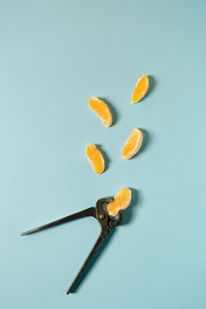 Creative scene with old pliers and fresh orange slices on pastel blue background. Pliers squeezing...