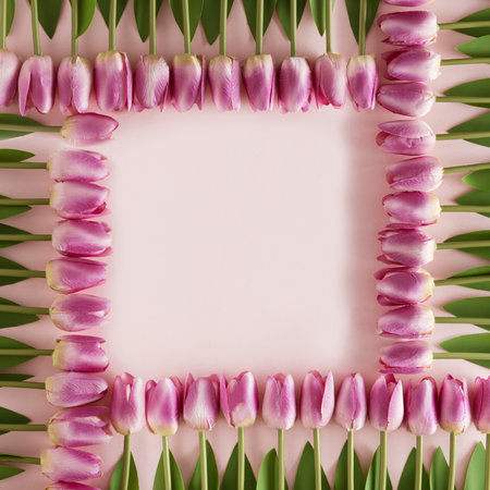 Frame made of deep pink tulips on pastel pink background with copy space. Minimal flat lay aesthetic. Spring and nature concept.の写真素材
