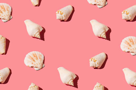 Creative pattern made of seashells on peach pink background. Minimal flat lay aesthetic with copy...