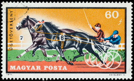 HUNGARY - CIRCA 1971: stamp printed by Hungary, shows Equestrian Sport, circa 1971 のeditorial素材
