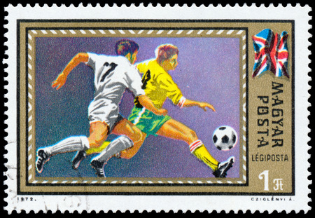 HUNGARY - CIRCA 1972: stamp printed by Hungary, shows football, circa 1972 のeditorial素材