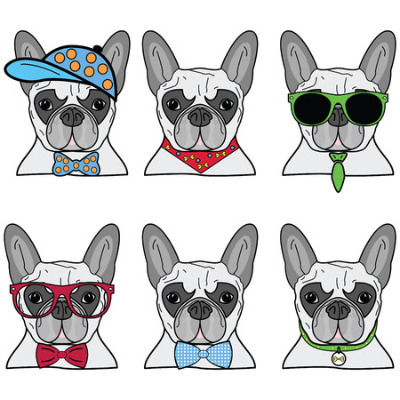 French bulldog set of 6 icons  of vary hipsters dogsのイラスト素材