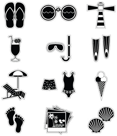 Summer and  holidays attributes in black stickers styleのイラスト素材