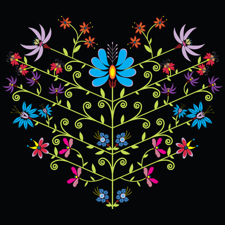 Color folk floral pattern in heart shape on black  backgroundのイラスト素材