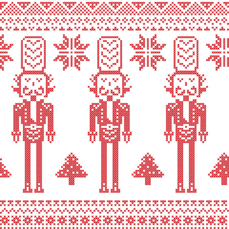 Nutcracker soldiers seamless Christmas Nordic pattern in cross stitchのイラスト素材