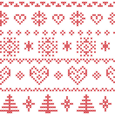 Nordic pattern with snowflakes and xmas trees and decorative ornaments in redのイラスト素材