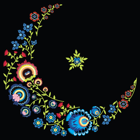Polish folk floral pattern in moon and star  shape on  black   backgroundのイラスト素材