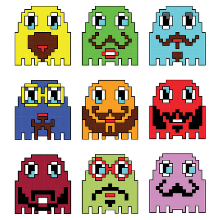 Pixelated Hipster emoticons  inspired  by 90's vintage video computer  games showing vary emotions...