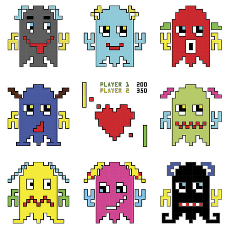 Pixelated robot emoticons 1 shooting  heart shape element inspired by 90's computer games showing different emotionsのイラスト素材