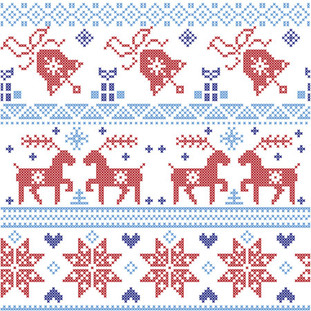 Dark and light blue and red  Scnadinavian Christmas  cross stitch pattern including reindeer, snowflake, star, Xmas tree, bell, presents in scandinavian style cross stitchのイラスト素材