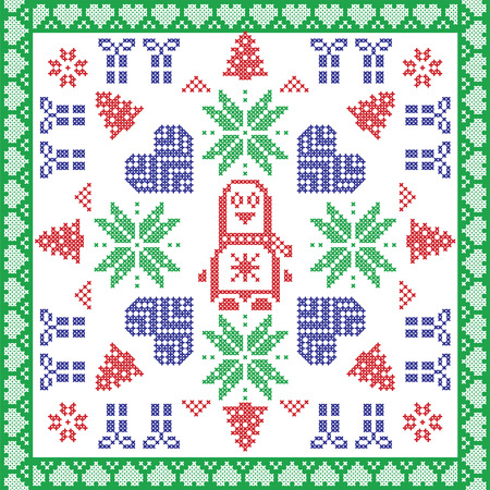 Scandinavian Nordic winter cross stitch, knitting  Christmas pattern in  square, tile  shape including snowflakes, stars, Christmas gifts, Christmas trees, penguin,  and  in colourのイラスト素材