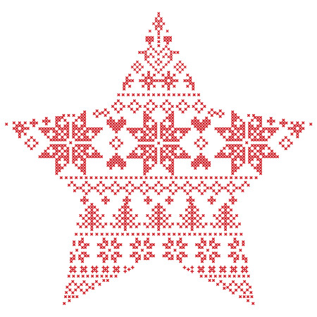 Scandinavian Nordic winter stitch, knitting  christmas pattern in  in star  shape shape including snowflakes, xmas trees, snow, stars, decorative elements, ornaments  on white backgroundのイラスト素材