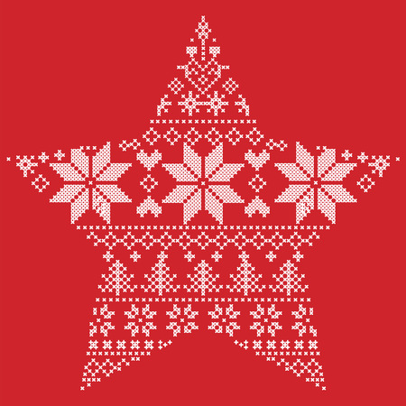 snowflakes, xmas trees,reindeer, snow, stars, decorative elements, ornaments  on red backgroundのイラスト素材