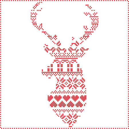 Scandinavian Nordic winter stitch, knitting  christmas pattern in  in reindeer shape shape including snowflakes, xmas presents, christmas  snow, stars, decorative elements, ornaments  on white background in  redのイラスト素材