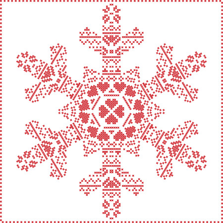 Scandinavian Nordic winter cross stitching, knitting  christmas pattern in  in  snowflake shape , with cross stitch frame including , snow, hearts, stars, decorative elements in red on white   backgroundのイラスト素材