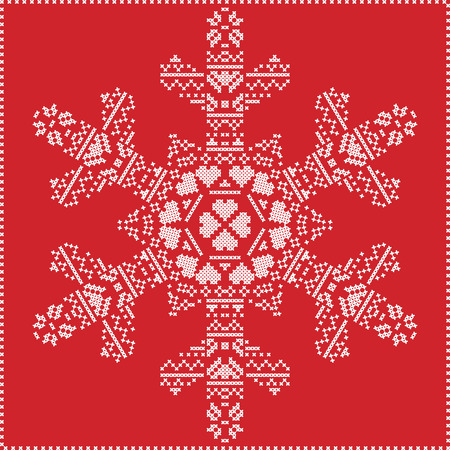 Scandinavian Nordic winter cross stitching, knitting  christmas pattern in  in  snowflake shape , with cross stitch frame including , snow, hearts, stars, decorative elements in white on red  backgroundのイラスト素材