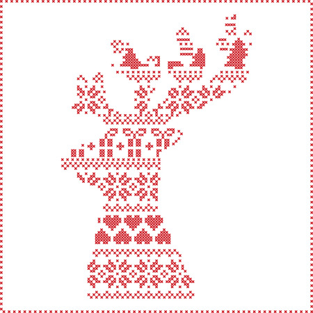 Scandinavian Nordic winter stitching , knitting  christmas pattern in  in reindeer shape shape including snowflakes, hearts,  xmas trees, christmas presents, snow, stars, decorative elements, ornaments on white backgroundのイラスト素材