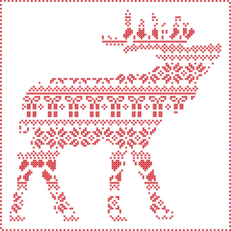 Scandinavian Nordic winter stitching  knitting  christmas pattern in  in reindeer body  shape  including snowflakes, hearts xmas trees christmas presents, snow, stars, decorative ornaments  in whiteのイラスト素材