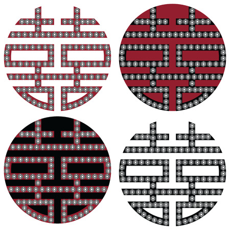 Traditional Oriental Korean symmetrical double happiness zen symbols in black, white and red with diamonds element fashion and tattoo elementsのイラスト素材