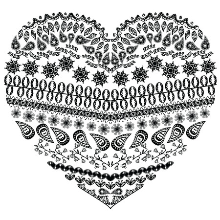Tribal entangle Aztec heart shape with floral elements in drawing lace ornamental style in black whiteのイラスト素材