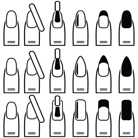 Female manicure  gel and hybrid  nails vary styles and shapes including almond , square , rounded nails and manicure in plain and colour nail style polish, French manicure style as icons set in black and whiteのイラスト素材
