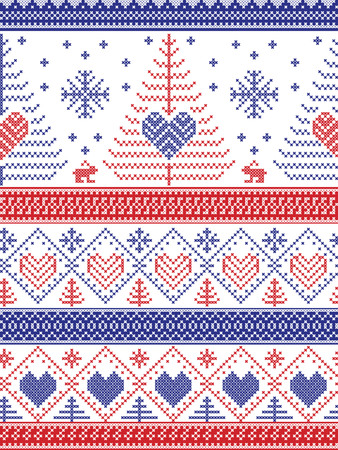Scandinavian style inspired Christmas and festive winter seamless pattern in cross stitch style with Xmas trees, snowflakes, Rabbits, stars, hearts, decorative ornaments in red, white, blueのイラスト素材