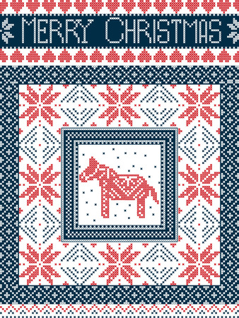 Merry Christmas Scandinavian style card, inspired by Norwegian Christmas, festive winter seamless pattern in cross stitch with Swedish Dala horse, snowflakes, decorative ornaments in red, white, blueのイラスト素材