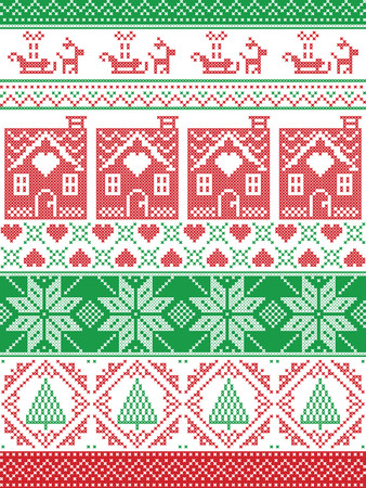 Seamless Scandinavian Textile style, inspired by Norwegian Christmas, festive winter seamless pattern in cross stitch with gingerbread house, Christmas tree, heart, reindeer, sleigh  in red, greenのイラスト素材