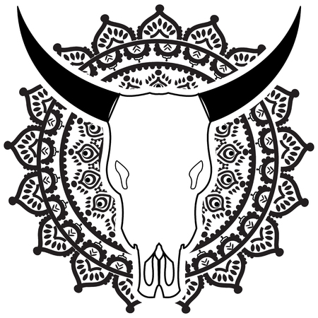 Wild animal skull in black and white with swirly  elements inspired by hand drawn art and  native American people  tattoos and art on mandala style  backgroundのイラスト素材