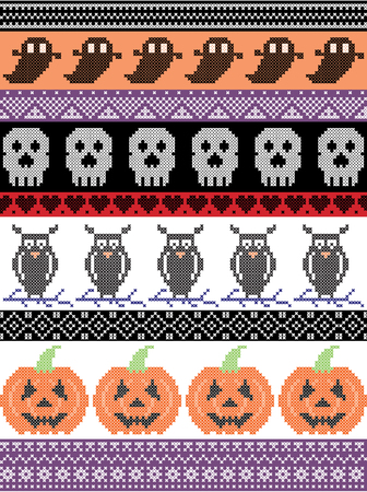 Scandinavian cross stitch and traditional American holiday  inspired seamless Halloween pattern with cat, spider, ghost, heart,  pumpkin and decorative ornaments in purple, orange, black, yellowのイラスト素材