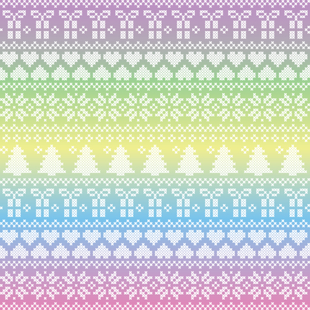 Scandinavian,  Nordic style winter stitching Christmas seamless pattern  including snowflakes, hearts, present, snow, star, Christmas tree and  decorative ornaments on unicorn style colors backgroundのイラスト素材