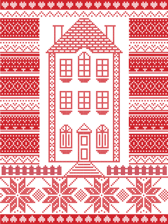 Nordic style and inspired by Scandinavian Christmas pattern illustration in cross stitch in red and white including  gingerbread house,star, fence, decorative seamless ornate patternsのイラスト素材