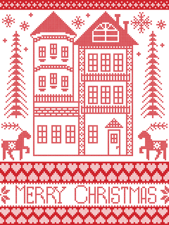 Merry Christmas Winter Nordic style and inspired by Scandinavian Christmas pattern illustration in cross stitch including tall gingerbread house, reindeer, snowflake, decor seamless ornate patternsのイラスト素材