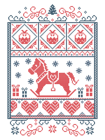 Elegant Christmas Scandinavian, Nordic style winter stitching, pattern including snowflake, heart, rocking horse, Christmas tree, Christmas present, snow in red, blue in decorative rectangle frameのイラスト素材