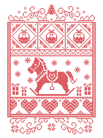 Elegant Christmas Scandinavian, Nordic style winter stitching, pattern including snowflake, heart, rocking horse, Christmas tree, Christmas present, snow in red, white in decorative rectangle frameのイラスト素材