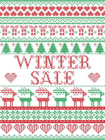 Seamless Winter Sale Scandinavian style, inspired by Norwegian Christmas, festive winter pattern in cross stitch with reindeer, Christmas tree, heart, snowflakes, snow, gift in red, white, greenのイラスト素材