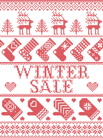 Seamless Winter Sale Scandinavian style, inspired by Norwegian Christmas, festive winter pattern in cross stitch with reindeer, Christmas tree, heart, snowflakes, mitten, stocking in red, whiteのイラスト素材