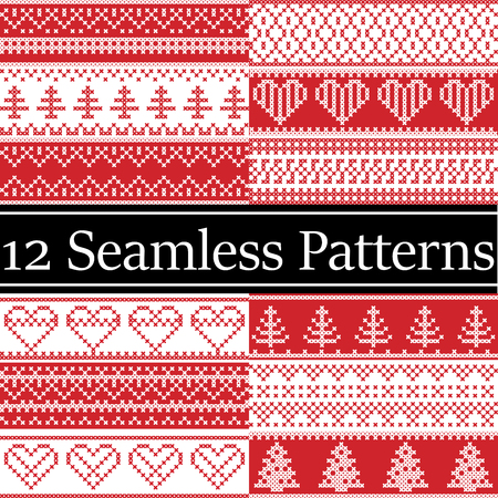 Nordic style vector semaless christmas  patterns  inspired by Scandinavian Christmas, festive winter in cross stitch with heart, snowflake, star,  snow, christmas tree,  decorative ornaments red, whiteのイラスト素材