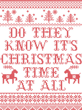 Do they know its Christmas time at all Scandinavian vector seamless pattern inspired by nordic culture festive winter in cross stitch with heart, snowflake, star,  snow, Christmas treeのイラスト素材