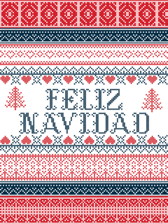 Feliz Navidad Nordic style Seamless Christmas  patterns  inspired by Scandinavian Christmas, festive winter in cross stitch with heart, snowflake, star,  snow, Christmas tree,   ornamentsのイラスト素材