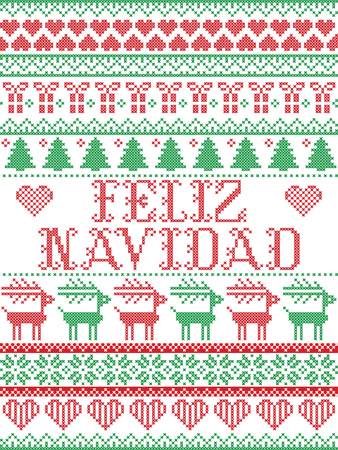 Seamless Feliz Navidad Scandinavian style, inspired by Norwegian Christmas, festive winter pattern in cross stitch with reindeer, Christmas tree, heart, snowflakes, snow, gift in red, white, greenのイラスト素材