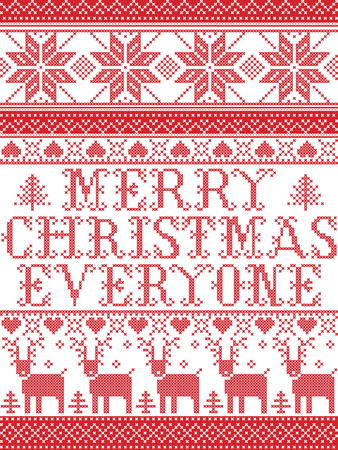 Christmas pattern Merry Christmas everyone  carol vector seamless pattern inspired by Nordic culture festive winter in cross stitch with heart, snowflake, snow ,Christmas tree,  reindeer, santaのイラスト素材