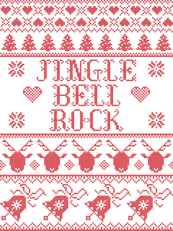 Christmas pattern Jingle bell rock carol vector seamless pattern inspired by Nordic culture festive winter in cross stitch with heart, snowflake, snow ,Christmas tree,  reindeer, Christmas ornamentsのイラスト素材
