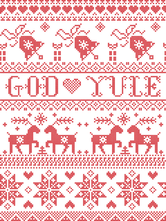 Christmas pattern Merry Christmas in Norwegian God Yule vector seamless pattern inspired by Nordic culture festive winter in cross stitch with heart, snowflake, snow ,Christmas tree,  reindeer, bells in white and redのイラスト素材