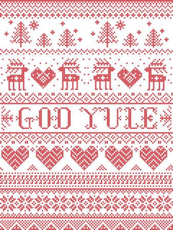Christmas pattern Merry Christmas in Norwegian God Yule vector seamless pattern inspired by Nordic culture festive winter in cross stitch with heart, snowflake, snow ,Christmas tree,  reindeer in white and redのイラスト素材