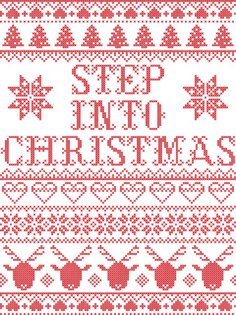 Christmas pattern Step into Christmas carol vector seamless pattern inspired by Nordic culture festive winter in cross stitch with heart, snowflake, snow ,Christmas tree,  reindeer, Christmas ornamentsのイラスト素材