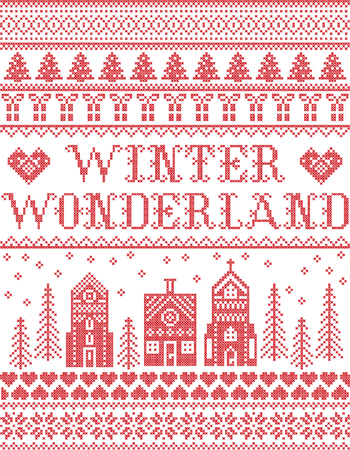 Christmas pattern with Winter Wonderland village  vector seamless pattern inspired by Nordic culture festive winter in cross stitch with heart, snowflake, snow ,Christmas tree,  church in redのイラスト素材